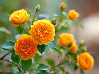 Close-up of vibrant orange roses in full bloom with green leaves and buds, soft focus background