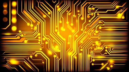 Glowing golden digital circuitry with vibrant light effects on a solid black background