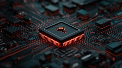 Glowing microprocessor, highlighting a security key icon, set against a dark circuit board