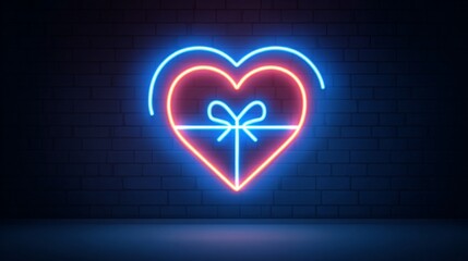 Glowing neon heart in red and blue, resembling a present, against a brick wall