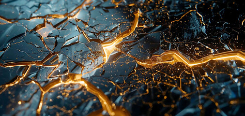 Shattered Dark Surface with Glowing Golden Cracks broken cracked