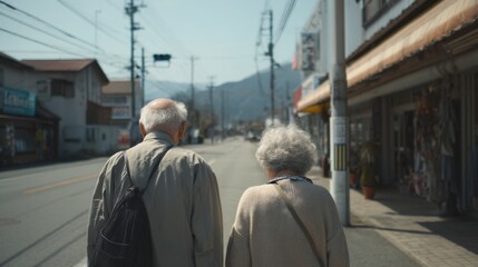 Two older individuals stroll side by side down a street. Shops line the road and mountains are visible in the distance. The sky is clear and daytime.
