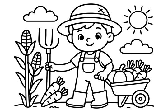 Cute kid farmer in garden with wheelbarrow and vegetables coloring page for kids&rsquo; activities