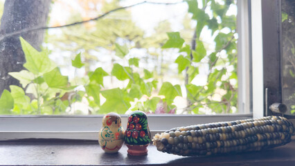 窓から見える風景　ツタの緑とトウモロコシ