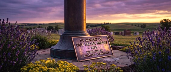 Memorial dedicated to fallen heroes with flowers at sunset