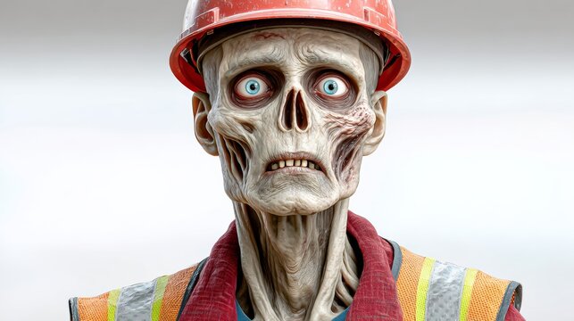 A zombie man with a hard hat on his head