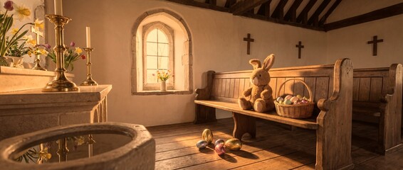 Easter decorations inside a small chapel with wooden benches