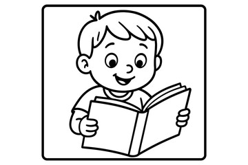 Happy child reading book outline drawing for coloring activities and education