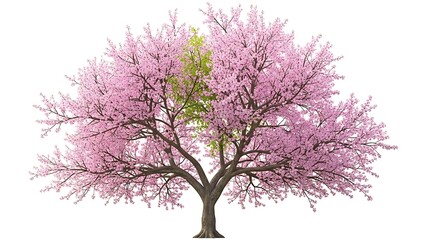 Obraz premium Blooming cherry blossom tree in full flower against a bright white background
