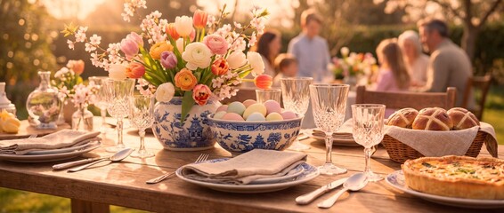 Outdoor gathering with food and flowers in a sunny setting