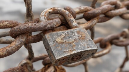 Close-up of weathered lock and chain, showing rust, security concept, grey and brown hues