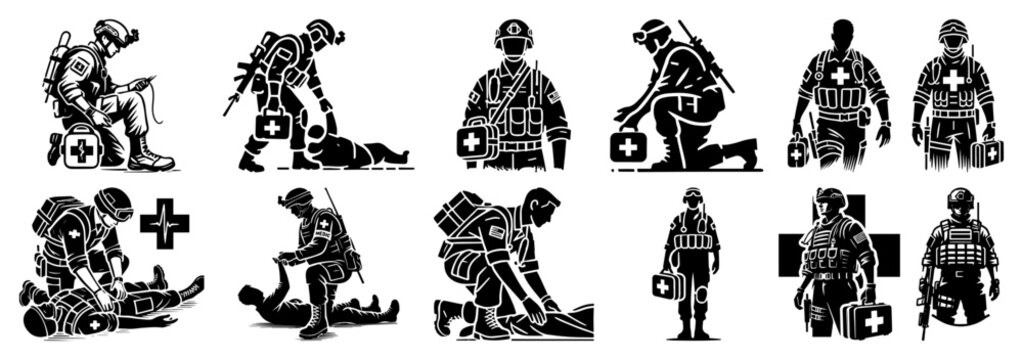 Combat Medic Rescue Silhouette Icons Set