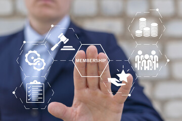 Concept of membership. Business company join us. Business person using virtual touch screen presses...