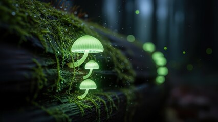 Enchanting bioluminescent mushrooms glow softly in a mystical, moss-covered forest at night.