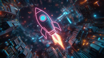 Glowing pink rocket icon accelerating through a futuristic digital pathway, embodying the concept of innovative startup growth and high-speed technological development in the cyber age - Powered by Adobe
