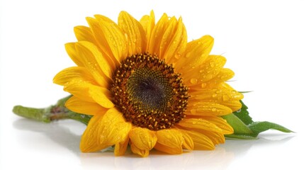 A sunflower rests on a white surface covered with small droplets from recent rain. The vibrant yellow petals and dark center create a striking contrast in the clear setting.