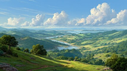 Obraz premium Rolling hills and green fields surrounding a winding river. The sky has white clouds and the sunlight brightens the landscape.