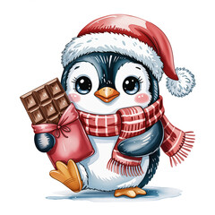 A charming penguin dressed in a Santa hat and scarf holds a chocolate ba