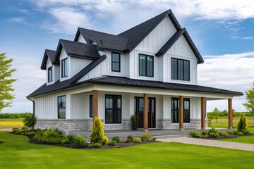Modern Two-Story House with Stone Accents and Flat Roof