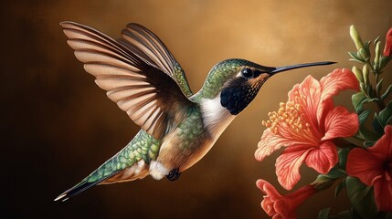 Naklejka premium Hummingbird approaching hibiscus flower seeking nectar illustration