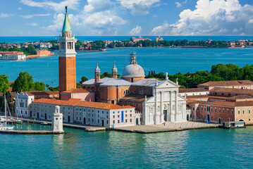 Aerial view of San Giorgio island, Church of San Giorgio Maggiore and Grand canal in Venice, Italy....