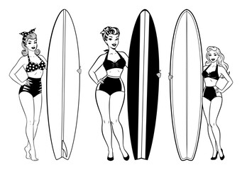 Pinup Surfer Girls With Longboards