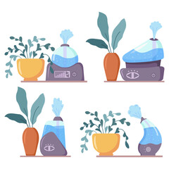 Set humidifier distributes steam for home.Plant for interior decor of home.Air diffuser.Device for humidifying.