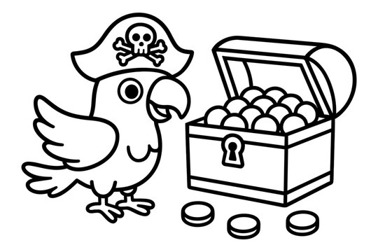 Pirate parrot with treasure chest: fun black and white cartoon art
