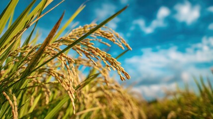 Rice plants grow tall with ripe grains in a green field. The sky above is blue with scattered clouds. This scene shows agricultural life in a rural setting during the warm season.