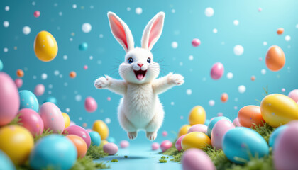 Joyful cheerful white bunny rabbit jumping among colorful Easter eggs, lush green grass, bright blue sky, floating confetti. Excitement, festive, playful, spring holiday celebration, springtime joy.