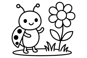Cute cartoon ladybug with flower in black and white line art