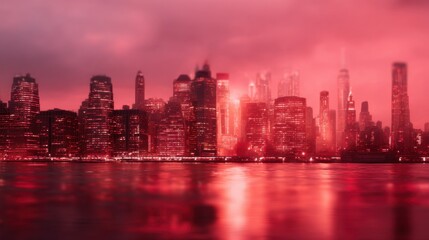 Fototapeta premium A city skyline is visible at dusk with tall buildings glowing in red. The water in front reflects the vibrant colors in the sky creating a striking scene.