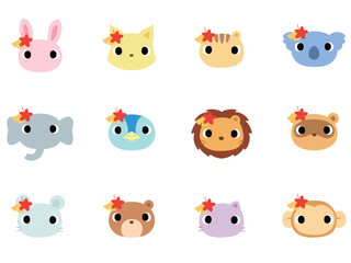 紅葉の飾りをつけた動物の顔　アイコンセット