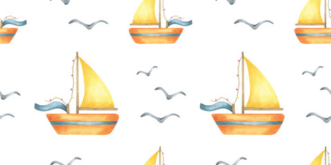 Sailboat with mast and seagulls hand drawn watercolor seamless pattern. Kids background of cute water transport. Nursery print of ship for children room design, fabric, wrapping paper, baby bedding