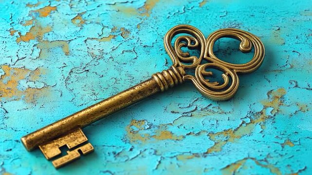 A single golden key sits on a blue surface, perfect for use in s and designs