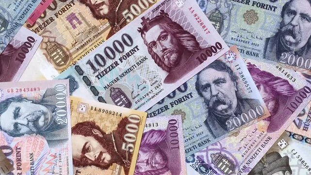Hungarian forint, cash, currency of Hungary, banknotes for financial transactions. Hungarian forint