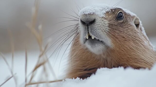 Close-up shot of a ground squirrel in snowy environment