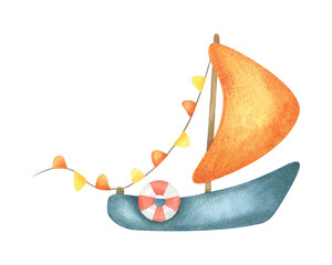 Colorful Sailboat with lifebuoy and flag garland. Hand drawn children watercolor illustration of sailing yacht. Ship for nautical kids room design and baby shower invitation, birthday card, poster 