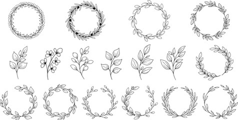 Botanical wreaths and branches, black and white sketch, floral line art, nature elements, elegant vector set, flat vector illustration