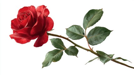 Fototapeta premium A red rose blooms on a stem with green leaves. The flower's vibrant color stands out against the plain white background creating a simple but striking visual.