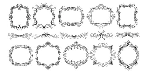 Ornate frames, decorative flourishes, vintage embellishments, symmetrical design elements, elegant scrollwork, certificate borders, invitation accents, flat vector illustration