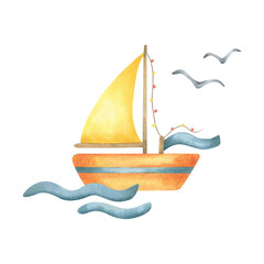 Sailboat on blue waves with flying seagulls. Summer holiday kid travel concept. Hand-painted children watercolor illustration of small boat. Ship for baby shower card, kids room, poster, birthday.