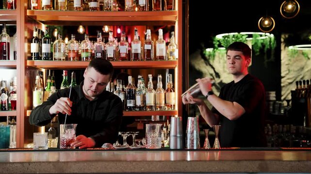 Bartenders shaking and mixing drinks in modern bar