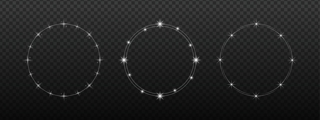 Three Glowing Circle Frames with Sparkle Effect on Transparent Background Vector Set for Light Border Design