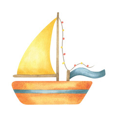 Children cute colorful Sailboat with flag. Hand drawn nursery watercolor illustration of sailing yacht. Ship for nautical design and baby shower invitation, birthday card, poster and kids room design