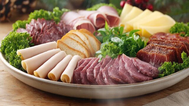 Cold cuts platter on the table with smoke