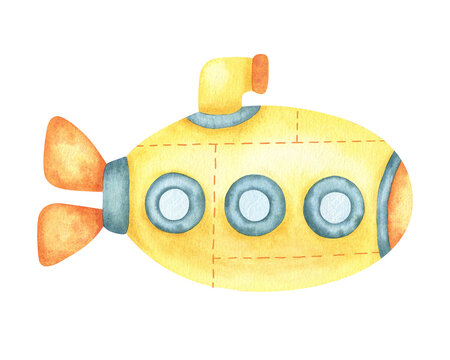 Yellow submarine Hand-painted isolated watercolor illustration, cute underwater transport. Children nursery clipart for children room design, baby shower invitation, birthday card - Powered by Adobe