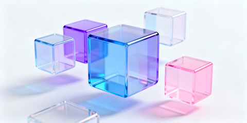 3D pastel light background with abstract glass block pattern. Crystal glossy square or rectangle shapes with pink blue hologram gradient, motion effect. Futuristic digital tech banner