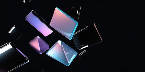 3D dark background with abstract glass block pattern. Crystal glossy square or rectangle shapes stacked with pink blue hologram gradient reflection. Futuristic digital tech banner