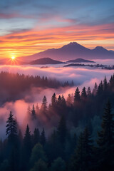 Obraz premium Sunrise Over Mountain Peaks A Breathtaking View of Foggy Forest Landscape with Vibrant Sky and Sunbeams in the Wilderness
